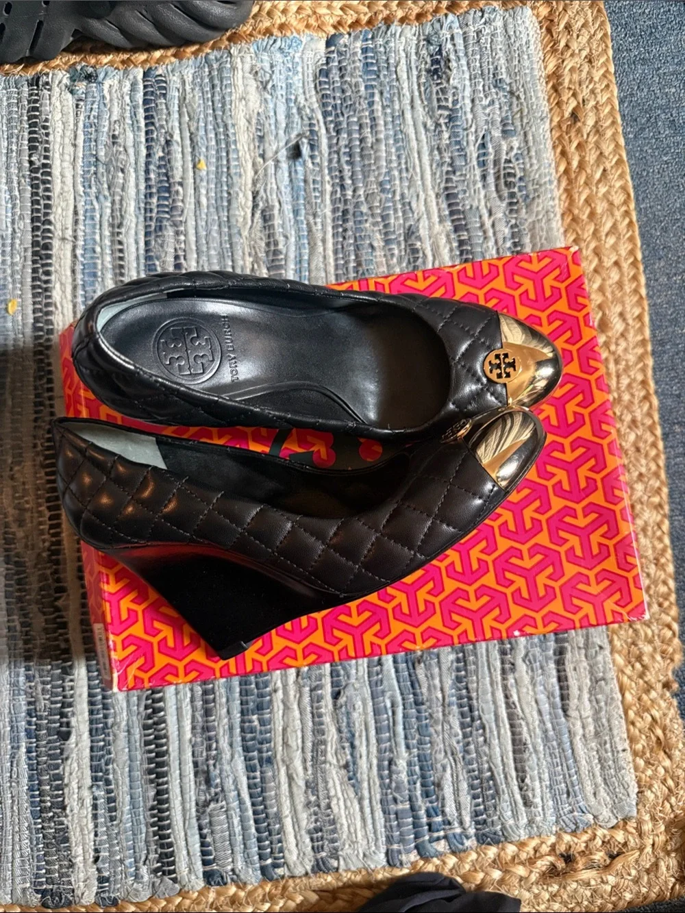 Tory Burch Black Quilted Leather Ballet Flats with Gold Logo Cap